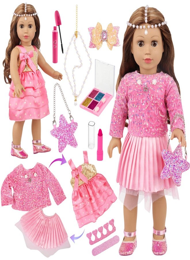 DONTNO American 18 Inch Doll Makeup Accessories and Princess Dress Set,Included 2 Pieces Clothes,Cute Messenger Bag,Pearl Headwear,Lipstick,Eyelash Brush,Eye Shadow,Butterfly Hair Clip and Nail Tool(NO DOLL) - Image 1